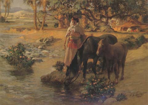 Femme faisant boire des chevaux (mk32)